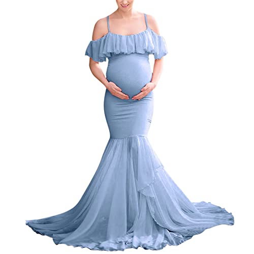 Vestido de manga corta para mujer embarazada, vestido de novia de manga corta, azul claro, XL