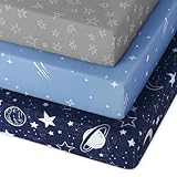 Unnivoll Pack and Play Sheets Fitted 3 Pack, Mini Crib Sheets for Pack N Play Mattress Stretchy Portable Playard Sheets, Soft Breathable Blue Gray Planet