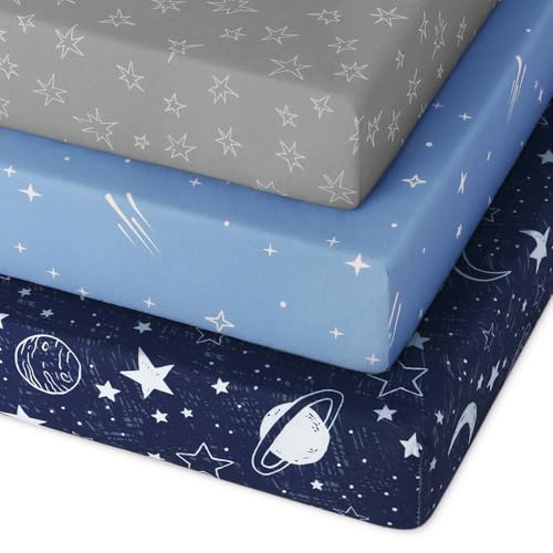 Image of Unnivoll Pack and Play Sheets Fitted 3 Pack, Mini Crib Sheets for Pack N Play Mattress Stretchy Portable Playard Sheets, Soft Breathable Blue Gray Planet