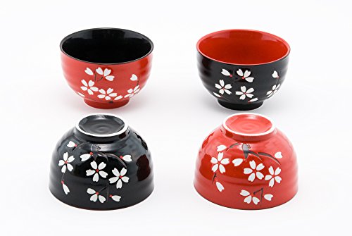 Hinomaru Collection Japanese Traditional Ceramic Rice Bowl Set Of 4 Red And Black Cherry Blossom Sakura Decorative Gift Pack Multi Purpose Attractive Design #TOP2