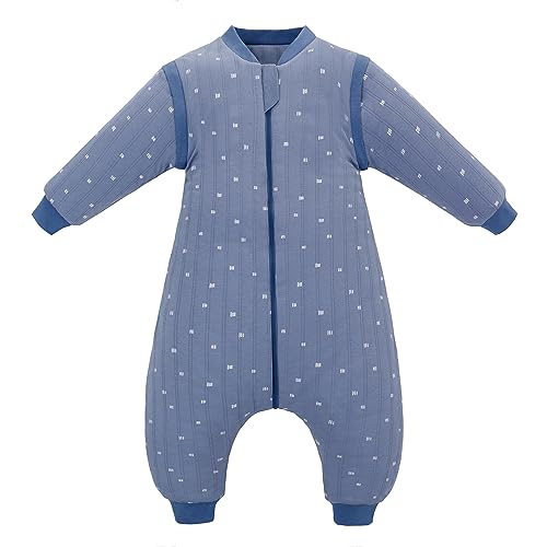 Baby Schlafsack Winter, Schlafsack mit Füßen 2.5 Tog Bio Baumwolle Babyschlafsack mit abnehmbar Langarm, Kleine Kinder Schlafsäcke Super Soft Schlafanzug für Jungen und Mädchen, Graublau S-80