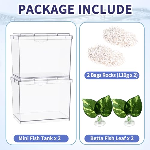 Image of MoonOrange Mini Betta Fish Tank, Small Fish Bowl for Temporary Space, 0.2 Gallon Stackable Cube Tank with Betta Leaf and Gravels for Small Fish, Insect, Shrimp, Crab, Spider.(Pack-2)