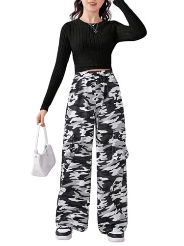 Image of Floerns Girl's Long Sleeve Tee Shirt with Camo Print Pants Set 2 Piece Outfit