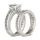 Jeulia 2.85 Carat Sterling Silver Princess Cut Bridal Set Engagement Wedding Rings Bands with Cubic Zirconia for Women with Jewelry Gift Box (Sterling Silver, W 1/2)