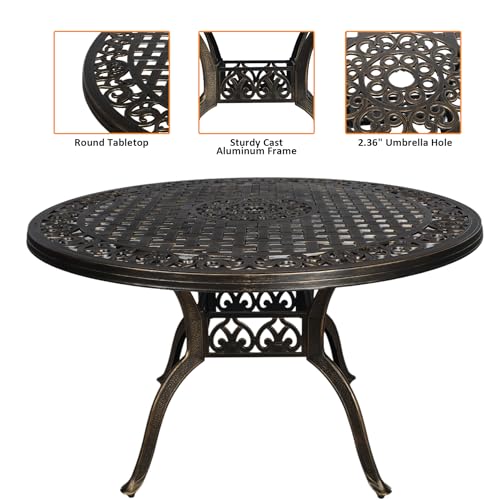 Image of 48 Inch Outdoor Dining Table Round Patio Table Powder-Coated Cast Aluminum Frame for Garden with Umbrella Hole (Bronze)