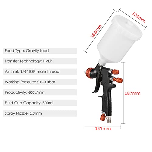 mewmewcat HVLP Air Spray Gun Kit 1.3mm Nozzle 600ml Fluid Cup Zwaartekracht Feed Air Verfspuit Mini Handheld… - Image 4