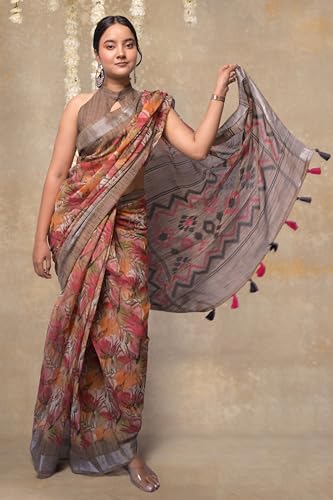 Image of MIRCHI FASHION Saree for Woman Cotton Blend Printed | Traditional Ethnic Sari for Ceremonial Use and Farewell with Blouse Piece