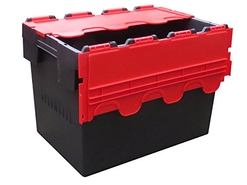 Plastor 5 x Plastic 80 Litre Heavy Duty Storage Boxes (60 x 40 x 42cm) Black and Red Euro Crates with Attached Hinged Lids