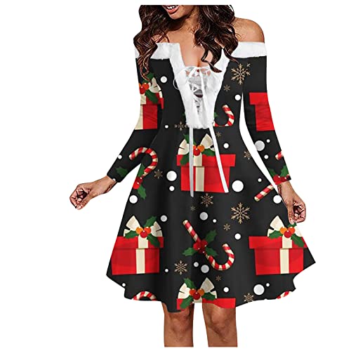 Robe Hepburn FéMinine Longue - Sleeved V -Neck Santa Santa Santa Automne Thousand Robes Party De NoëL Nouvel an Cadeaux