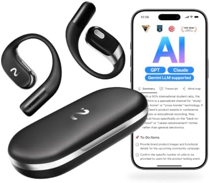 OpenNote Open-Ear AI Note Taker and Voice Recorder Earbuds | All-Day Comfort, MFi Certified, Meeting and Call Recording, Live Transcription, AI Summary, 53H Battery, Fast Charging, IP55