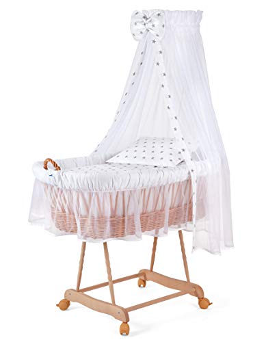 Waldin Stubenwagen-Set mit Ausstattung,XXL,Bollerwagen,komplett,9 Modelle wählbar (Gestell Natur, weiß/Sterne grau)