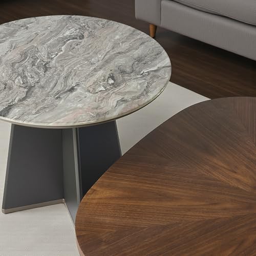Image of The Attic Eclisse Modern Walnut & Stone Coffee Table Set - Designer Dual-Height Center Table with Artistic Geometry for Living Room Decor
