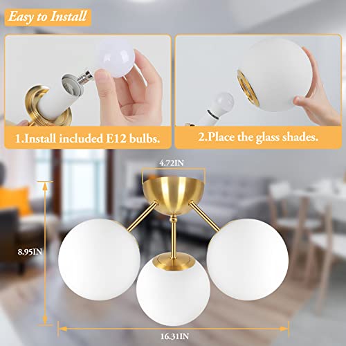 Lakumu 3-Light White Frosted Globe Glass Semi Flush Mount Ceiling Light, Brushed Brass Mid Century Ceiling Lamp, Modern Hanging Ceiling Light Fixture For Entryway Kitchen Foyer Living Room(Bulb Incl.) #TOP5