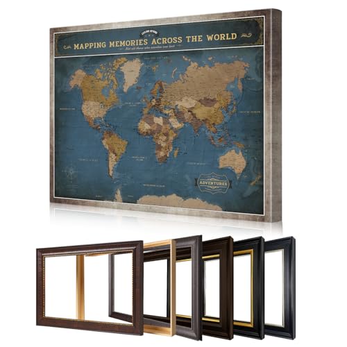 Image of DECORARTS - Personalized World Travel Map with Pins, Custom Name, Pin Board Canvas Wall Art, Modern Navy Blue World Decor, Optional Wood Frame, Giclee Print, Handcrafted in USA, 20x16''