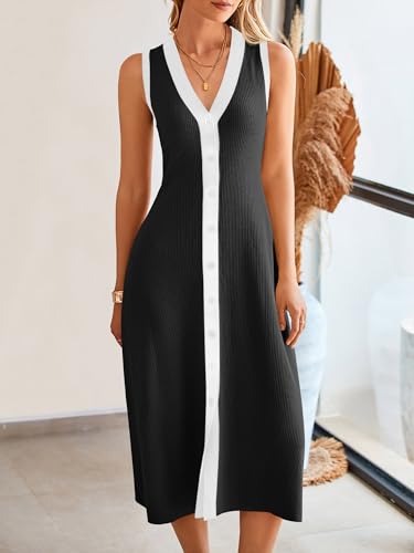 Saodimallsu Womens Summer Button Down Sweater Dresses Sleeveless V Neck Casual Ribbed Knit Color Block Midi Tank Dress2