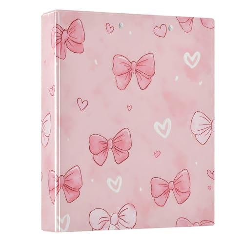 Image of 3 Ring Binder White Pink Bow Heart 1.5 inch Binders Three Ring Binders with Clipboard Fit 8.5'' x 11'' Paper 3 Interior PVC Clear Pockets for Office Supplies