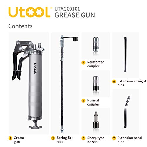 UTOOL Grease Gun, 7000 PSI Heavy Duty Pistol Grip Grease Gun Set with 14 oz Load, 18 Inch Spring Flex Hose, 2 Working Coupler, 2 Extension Rigid Pipe and 1 Sharp Type Nozzle Included, Silver