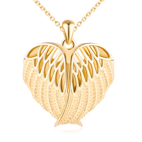 MicLee Collier Photo Médaillon Cœur en Argent 925 Femme Fille Pendentif Locket de Plume - Ailes d'ange Breloque Ouvrable Or Collier Amulette Mémorial Bijoux...