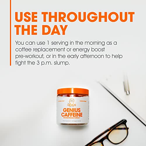 Genius Caffeine Pills 100Mg, Extended-Release Microencapsulated Caffeine Pills - All-Natural Non-Crash Sustained Energy, Focus & Concentration Supplement - Nootropic Brain Booster - 100 Capsules #TOP4