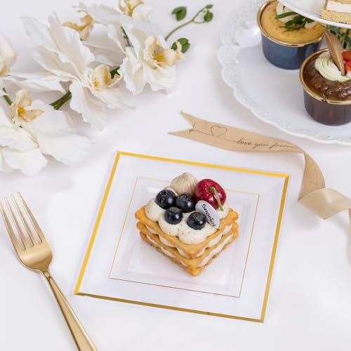 bUCLA 100PCS Clear Gold Plastic Square Plates - 6 Inch Clear Disposable Dessert/Cake Plates with Gold Trim - Ideal for Weddings,Birthday&Party
