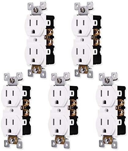 GE Grounding Duplex 5 Pack, in Wall Receptacle, Tamper Resistant, 3 Prong Socket, Easy Install, 15 Amp, UL Listed, White, 41869 electrical outlet, Pack of 5