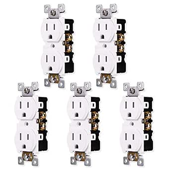 GE Duplex Wall Outlet, Tamper Resistant, 2 Grounded Outlets, White, 5 Pack