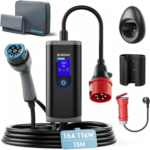 bokman Typ 2 Ladekabel mit CEE Stecker & Adapterkabel 11kW 15 Meter | Mobile Wallbox 16A, 3-Phasig, IP65 Wasserdicht, Tragbares EV-Ladegerät für IEC 62196-2 mit Tragetasche & Mikro