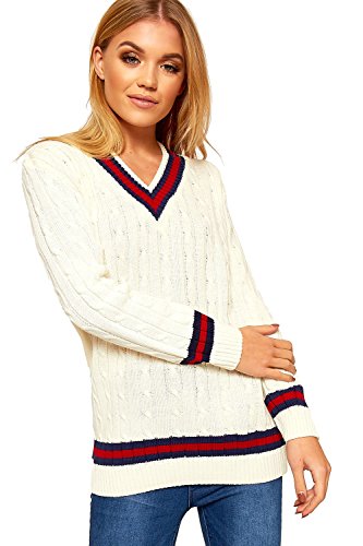 Image of Sufiah Womens Ladies Sports Warm Sweater Plus Size V Neck Cricket Jumper Pullover Top UK Sizes (Cream-Navy/Red, M-L)