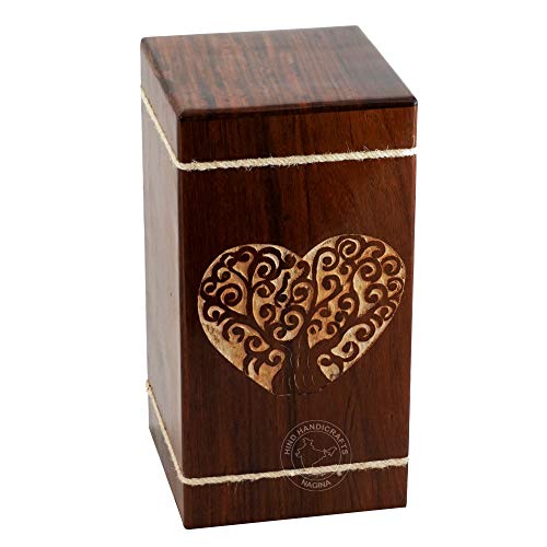 Hind Handicrafts Heart Shaped Tree of Life Wooden Urns for Human Ashes Adult Large - Rosewood Cremation Urn for Ashes - Burial Urn for Columbarium - Funeral Urn Box (Tree, 250 LB - Rosewood)