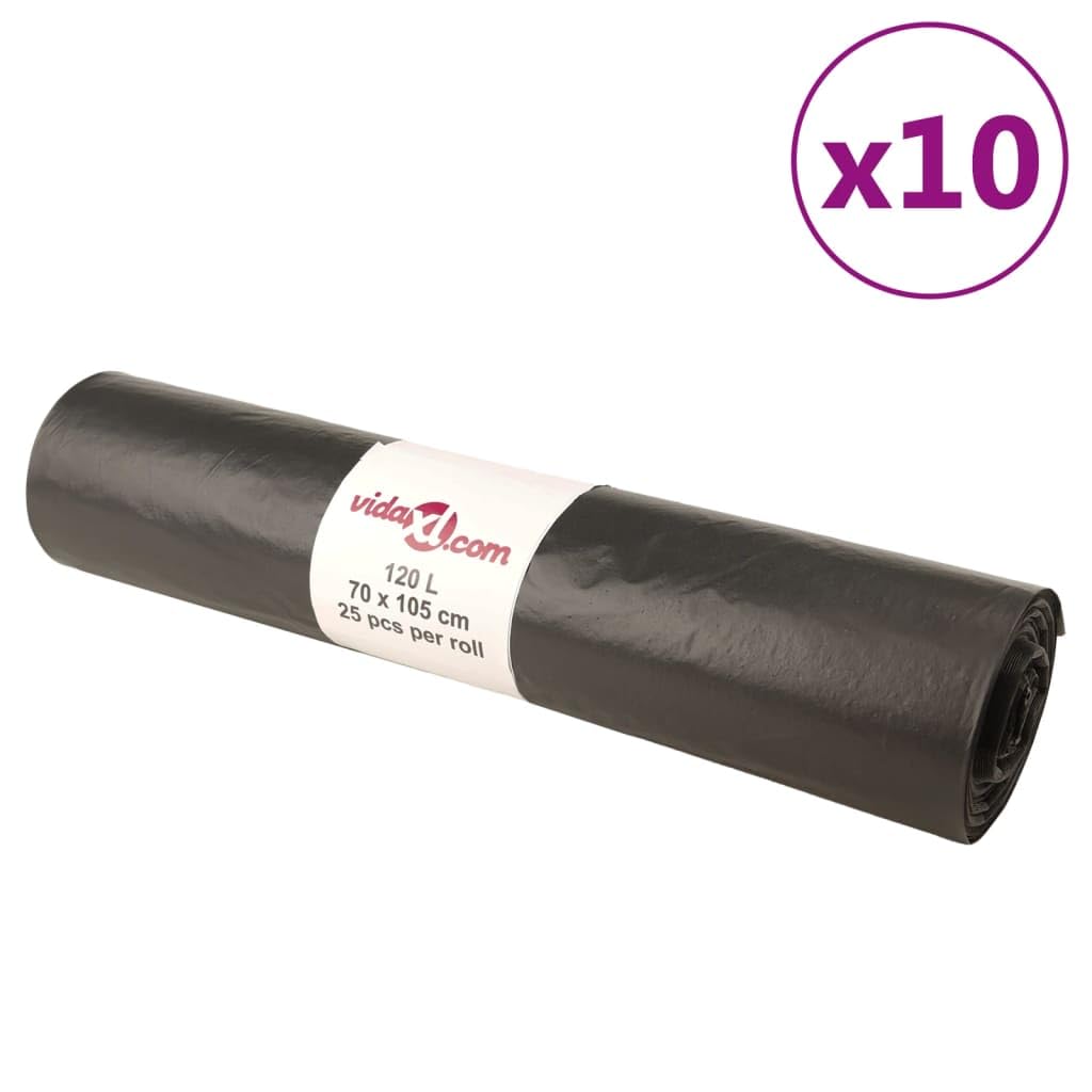 Bolsas de basura resistentes al desgarro, 250 unidades, color negro, 120 l del rollo, ideales para residuos domésticos y de alimentos, película de polietileno de baja densidad resistente con