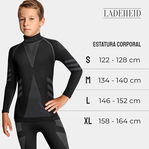 Ladeheid Camiseta Térmica Niño Manga Larga – Camiseta Deportiva de Compresión, Ropa Interior Funcional Unisex Niños, Transpirable y Cálida para Invierno y Deportes LAGI007 (Negro/Grafito, 146-152)