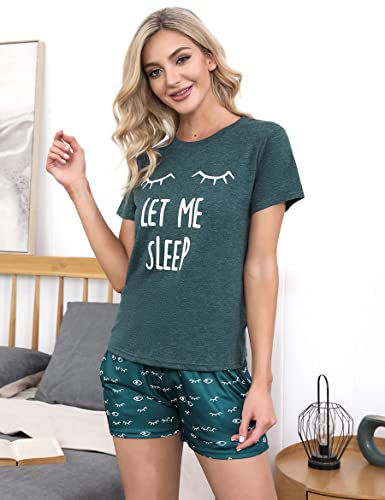 Uniexcosm Schlafanzug Damen Kurz Baumwolle Zweiteiliger Pyjama Set Kurzarm Nachtwäsche Wimperndruck Sleepwear Hausanzug Loungewear Stil 1:Dunkelgrün S 5