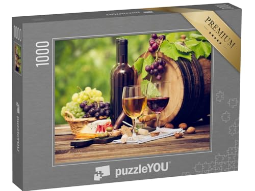 puzzleYOU: Puzzle 1000 Teile „Wein und Käse auf einem Holztisch, Weinfass, Gläser, Flaschen“ – aus der Puzzle-Kollektion Wein