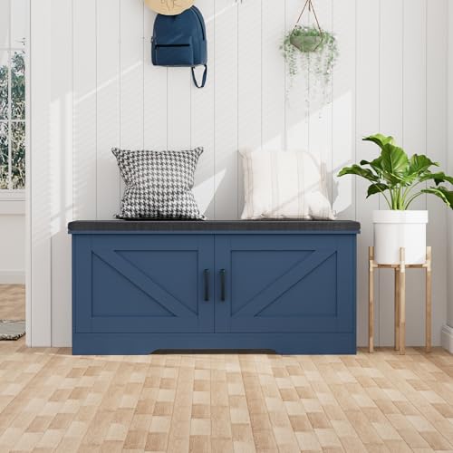 Image of HOMSHO Farmhouse Shoe Storage Bench with 2 Barn Doors & Padded Seat Cushion | 39.4 inch Wide Entryway Bench with Adjustable Shelves & Hidden Storage, Blue