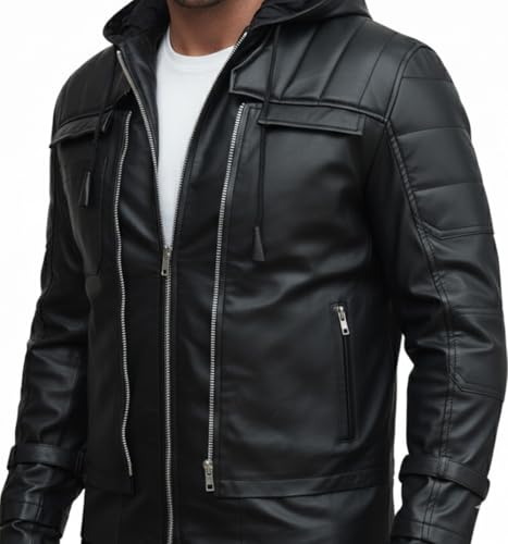 Image of Black Hood Bat Jacket and Vest - Red Hooded Leather Jacket 2 in 1