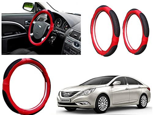 Image of Microfiber Car Steering Wheel Cover, Soft Padding Great Hand Feel, Anti-Slip, Faux Leather Steering Cover for Hyundai Sonata Embera | Black Red Jali - Pack of 1