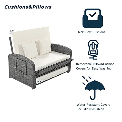 EMKK 2-Person Rattan Double Chaise Lounge with Table, PE Wicker Reclining Daybed with Adjustable Back and Cushions, Free Furniture Protection Cover, H-White