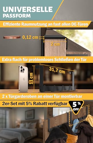Menz Türgarderobe zum Einhängen aus Edelstahl, schwarz - Premium Türhaken zum Einhängen als Kleiderhaken Tür oder Handtuchhalter Tür, extrem belastbar, platzsparende Türhakenleiste