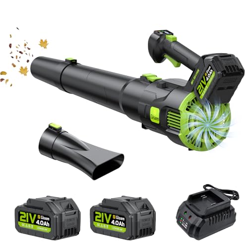 Soffiatore a Batteria, Gisam Soffiatore Elettrico Senza Spazzole con 2x4.0Ah Batterie, Soffiatore Foglie 2 Velocità+Turbo Modalità Max 25000RPM, Volume d'aria 750m³/h per Giardino