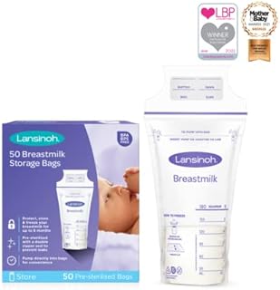 Lansinoh Breast Milk Storage Bags Breastmilk Pouches for fridge or freezer use, store flat or standing, BPA and BPS free, pre-sterilised, double zipper seal, Pack of 50