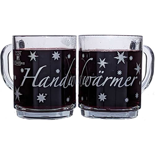 Glasveredlung Schmitz Glühweinbecher Glühweintasse 27 cl, schwere Ausführung 320 g, stapelbar, gehärtet, Füllstrich 0,2 l, Dekor Handwärmer, 4 Stück