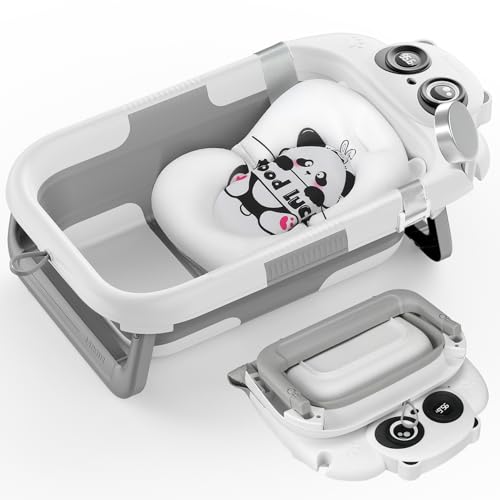 Image of Collapsible Baby Bathtub for Newborn to Toddler, Infant Bath Tub with Real-time Temp Monitor Floating Cushion, Foldable Baby Bath Tub Set 0-36 Month, Portable Travel Baby Tub for Newborns Boys (Grey)