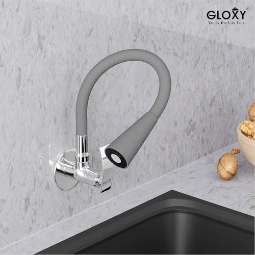 Image of Gloxy Wall Mount Faucet for Kitchen Sink with Chrome Finished Touch Lever - 20-Inch Grey Silicone Flexible Leak Proof Spout & Splash Free Dual Flow Nozzle