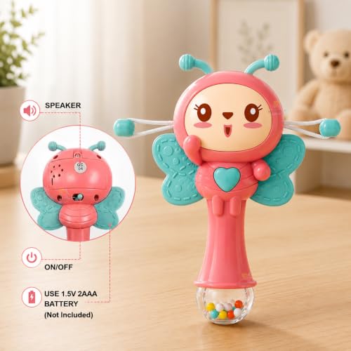 Image of WISHKEY 3-in-1 Musical Rattle Drum Teether Toy for Kids | Light & Sound Baby Rattle Toy with Butterfly Design | BPA-Free, Safe Plastic Battery Operated | Toy for Toddlers Assorted 3+ Years (Pack of 1)