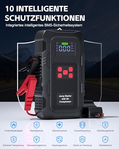 Povasee Starthilfe Powerbank für Pkw mit Kompressor 150 PSI, 9000A Starter Powerbank mit Elektrische Luftpumpe… – Ansicht 4
