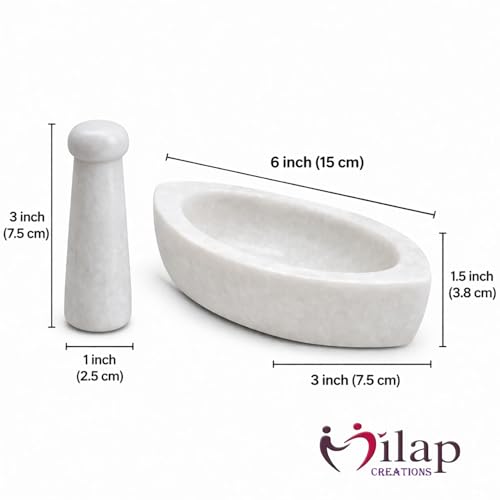 Image of White Boat Shape Marble Mortar and Pestle Set Stone 6 Inch, Khalbatta, Imamdasta, Kharal, Kundi, Okhli, Musal, Mixer, Silbatta Kitchen tool for Grinding Ingredients
