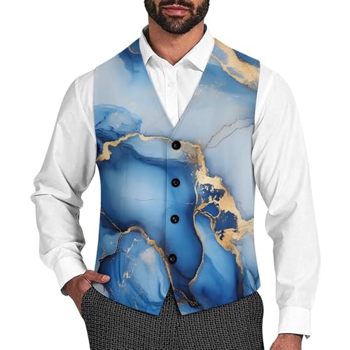 Blue Gold And White Marble Trendy Vest Suit for Men V Neck Formal Dress Waistcoat Vests Business Slim Fit