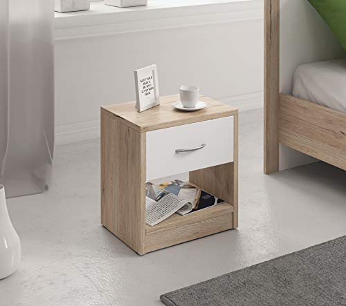 Table de Nuit - Table de Chevet Rocha Style scandinave Bois façon hêtre et Blanc avec tiroir Cover