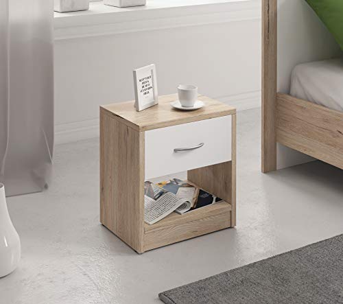 Table de Nuit - Table de Chevet Rocha Style scandinave Bois façon hêtre et Blanc avec tiroir