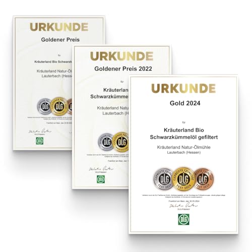 Kräuterland Bio Schwarzkümmelöl 500ml, gefiltert, ohne Zusatz von Aroma-, Farb- und Konservierungsstoffen, hoher Thymochinon, kaltgepresst, mühlenfrisch direkt aus unsrer hessischen Ölmühle